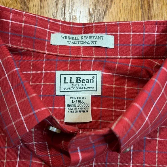 LL Bean Button Up Shirt Men's Large Tall Red Plaid Long‎ Sleeve Traditional Fit - Picture 3 of 7